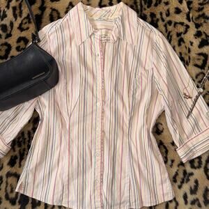 Riders by Lee Pastel Striped Button-Up Shirt Size M 3/4 Sleeves